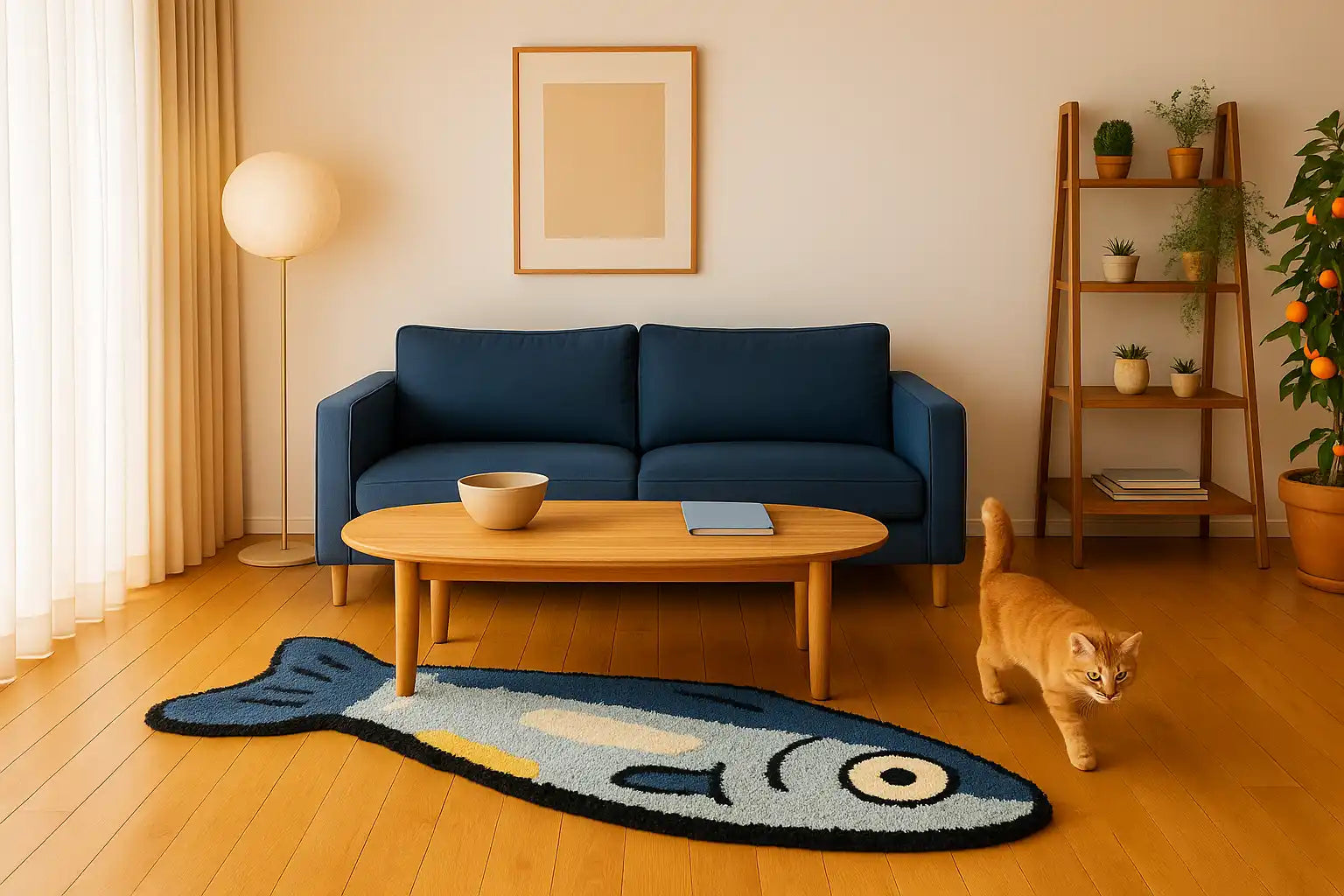 Un tapis de sol en forme de poisson bleu.