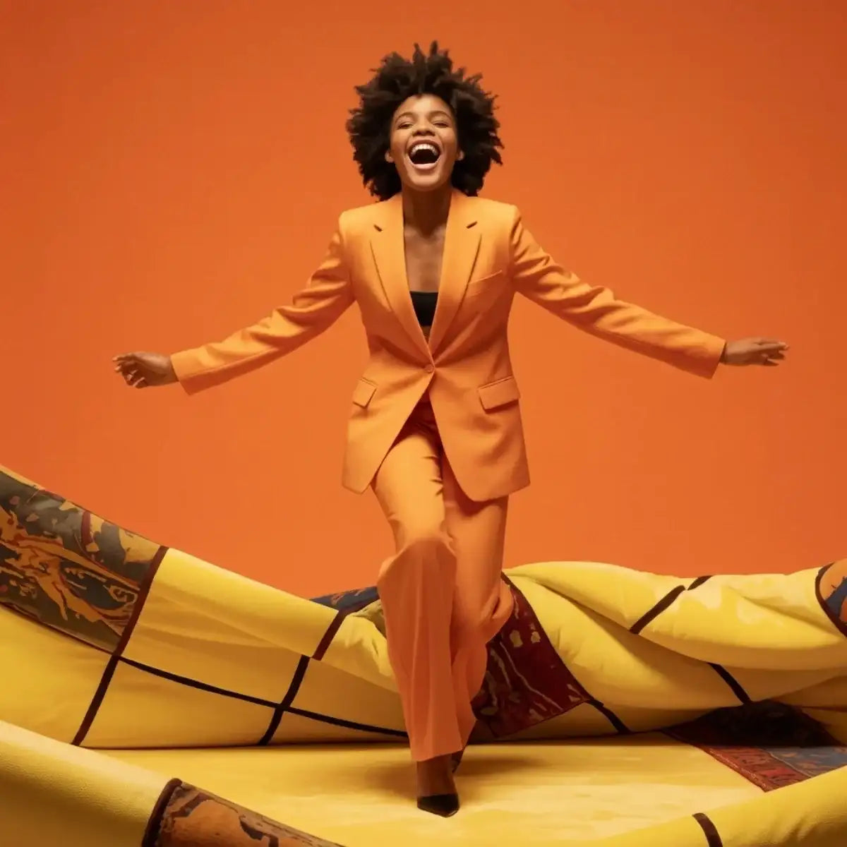 Un costume orange vif sur mesure, avec une veste structurée et un pantalon assorti, porté par un mannequin.