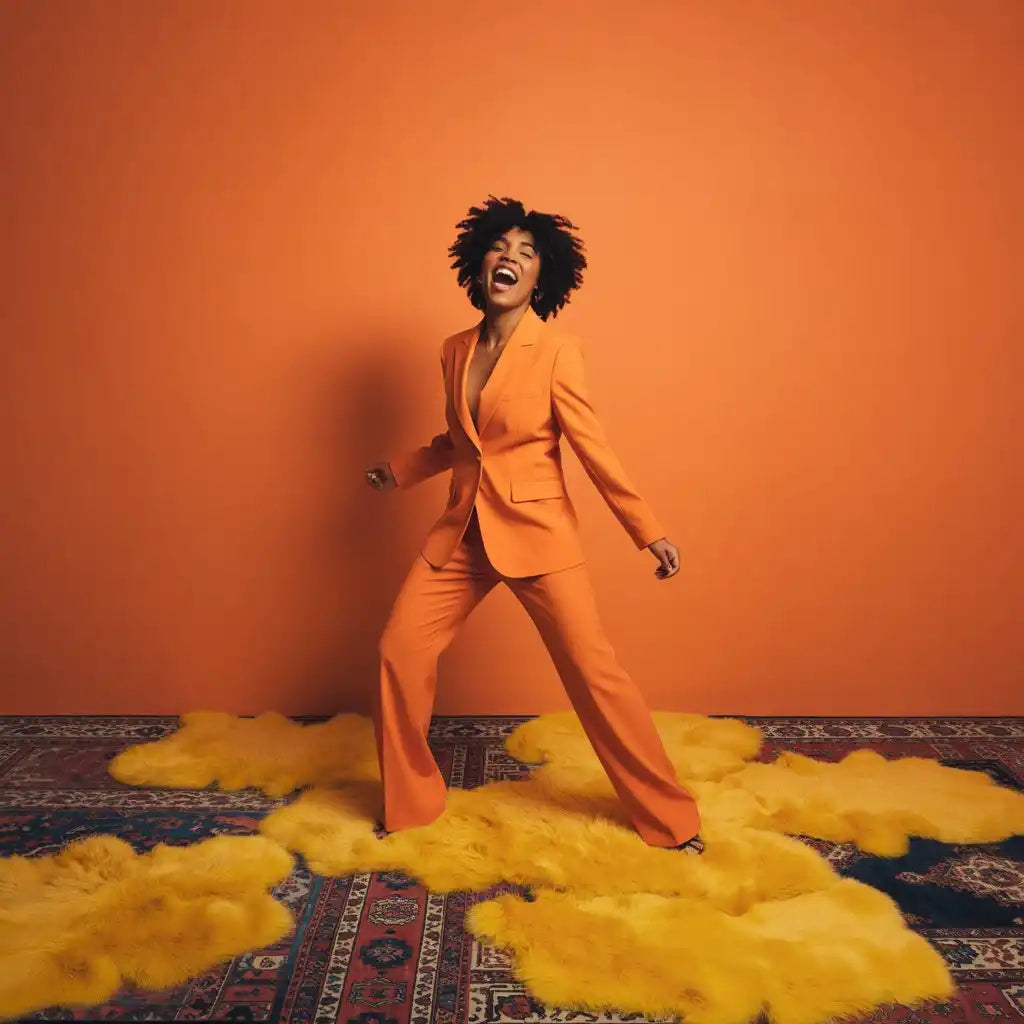 Une femme en tailleur orange.
