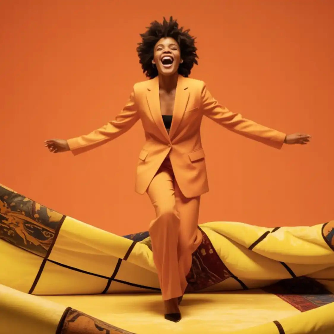 Une femme en tailleur orange.