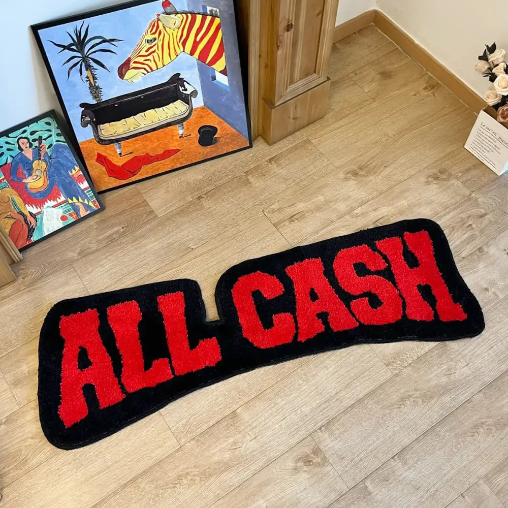 Tapis chambre garçon rouge et noire en peluche avec lettrage en relief all cash en lettres majuscules