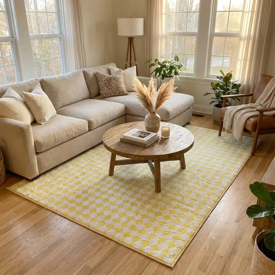 Tapis à motif géométrique jaune et blanc avec un design moderne.