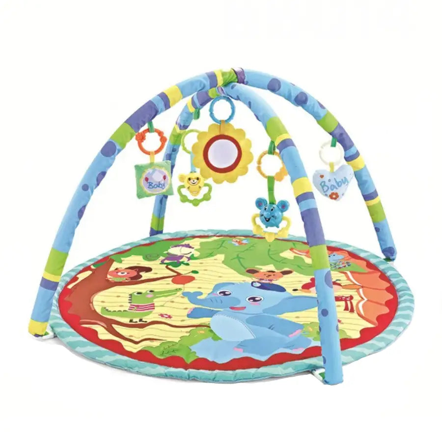 Gymnastique d’activité pour bébé avec design coloré à thème jungle, matériau moelleux et jouets suspendus.