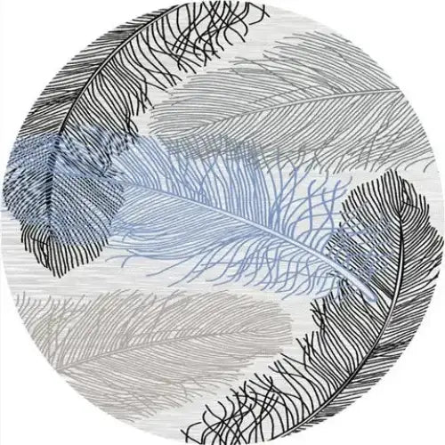 Tapis à motif de plumes bleu et gris avec contours noirs.