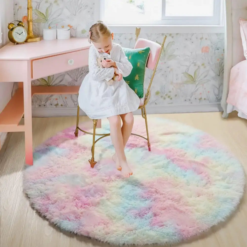 Tapis rond en peluche arc-en-ciel pastel à texture douce et couleurs vives, conçu pour les chambres d’enfants.