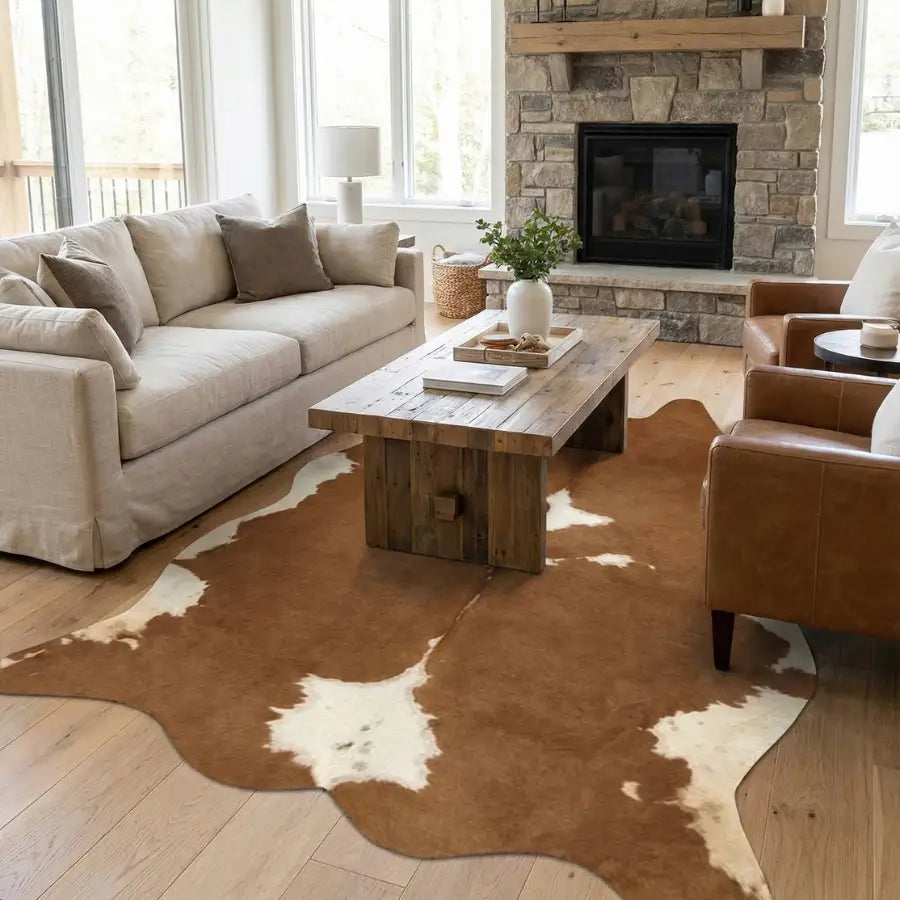 Tapis en peau de vache avec des taches naturelles marron et blanches, table basse en bois rustique, cheminée en pierre
