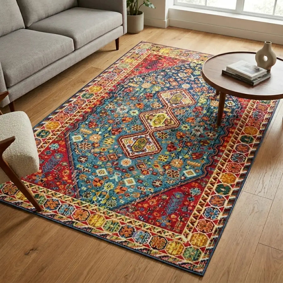 Tapis persan coloré avec motifs floraux et géométriques en bleu vibrant et rouge pour décoration intérieure