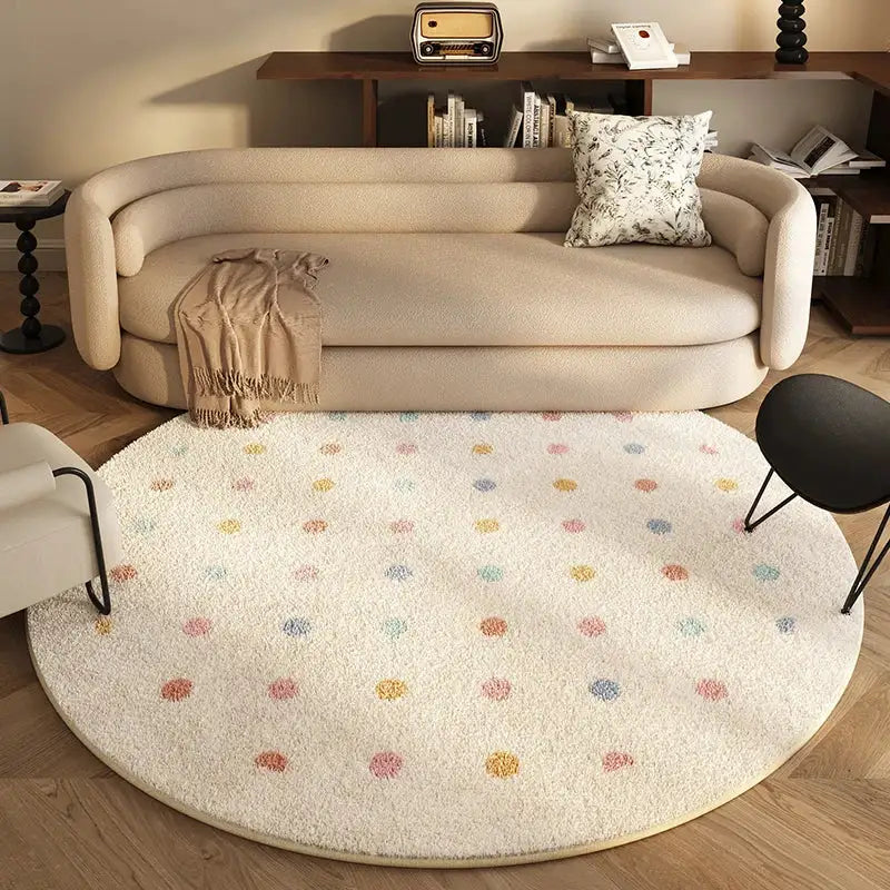 Tapis rond de couleur crème avec des pois multicolores, matériau moelleux et design moderne.