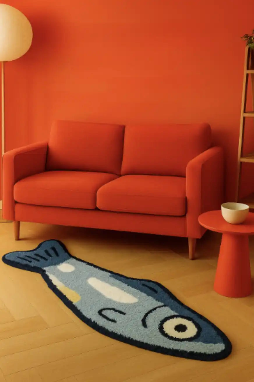 Un tapis de sol en forme de poisson bleu.
