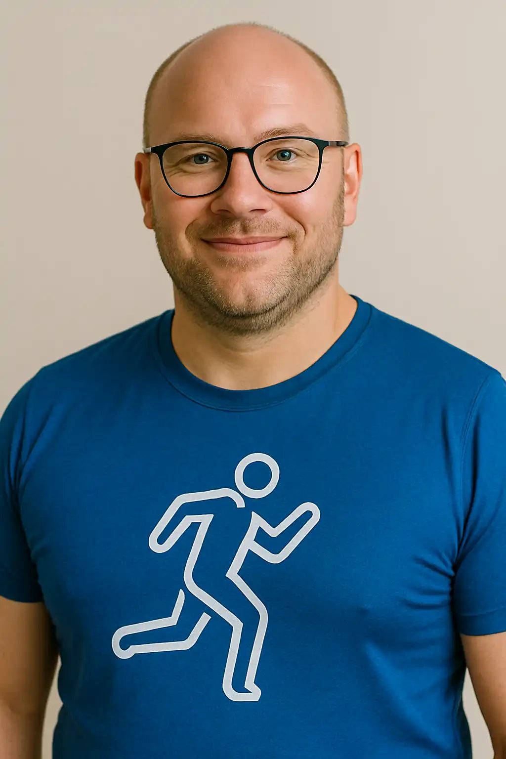Un homme en t-shirt bleu avec un logo de silhouette blanche de course.