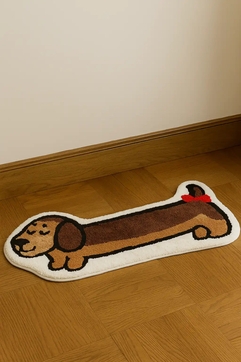 Un tapis de sol en forme de teckel longtemps marron et beige avec un ruban rouge.
