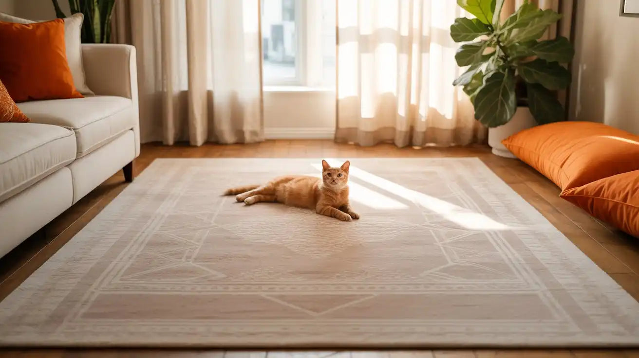 Un chat tigré orange allongé sur un tapis de couleur claire.