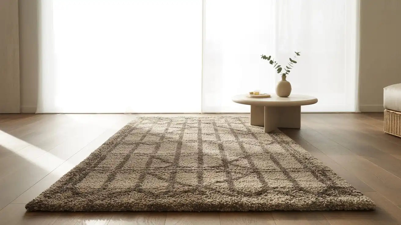Un tapis rectangulaire beige, shaggy, avec un motif géométrique subtil.