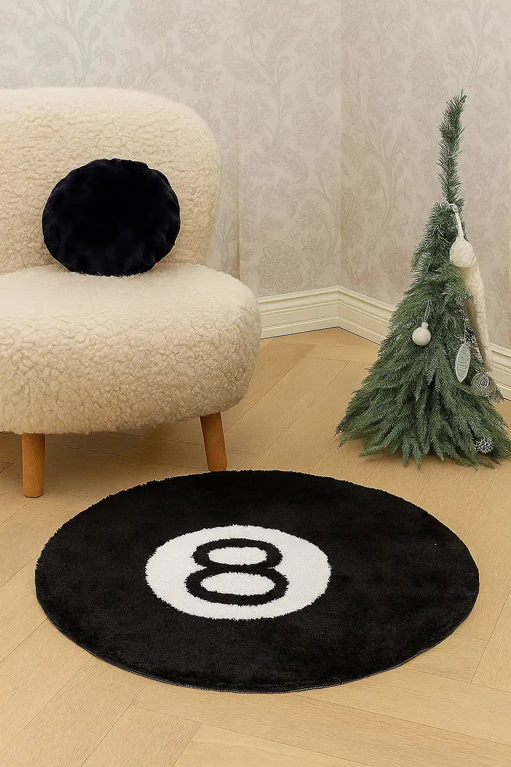 Tapis rond noir et blanc avec motif de 8 billes