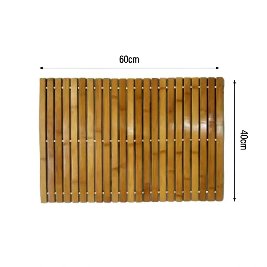 Tapis de bain en lattes de bambou rectangulaires, 60 cm de large et 40 cm de long.