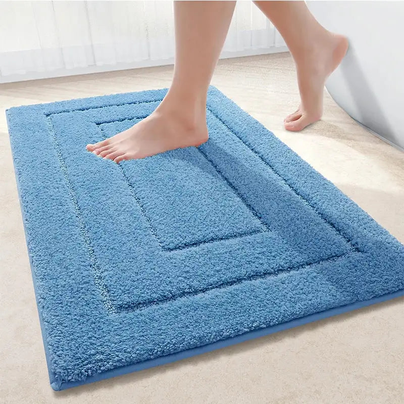 Tapis de bain bleu ciel en fibres douces et absorbantes avec motif rectangulaire texturé pour bain bleu ciel