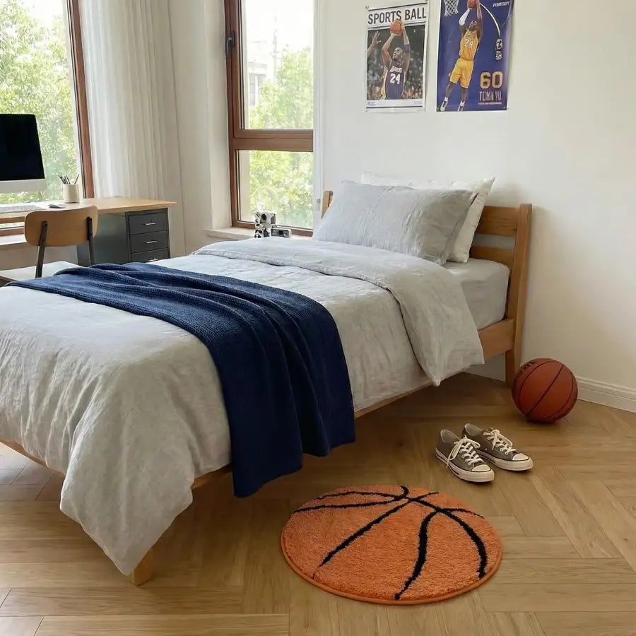 Tapis orange en forme de ballon de basket avec des lignes noires et des coutures, conçu pour une décoration à thème sportif.
