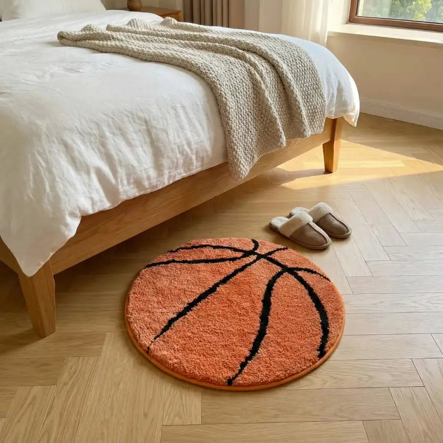 Tapis orange en forme de ballon de basket avec des lignes noires et un design de coutures, fabriqué en matériau moelleux.