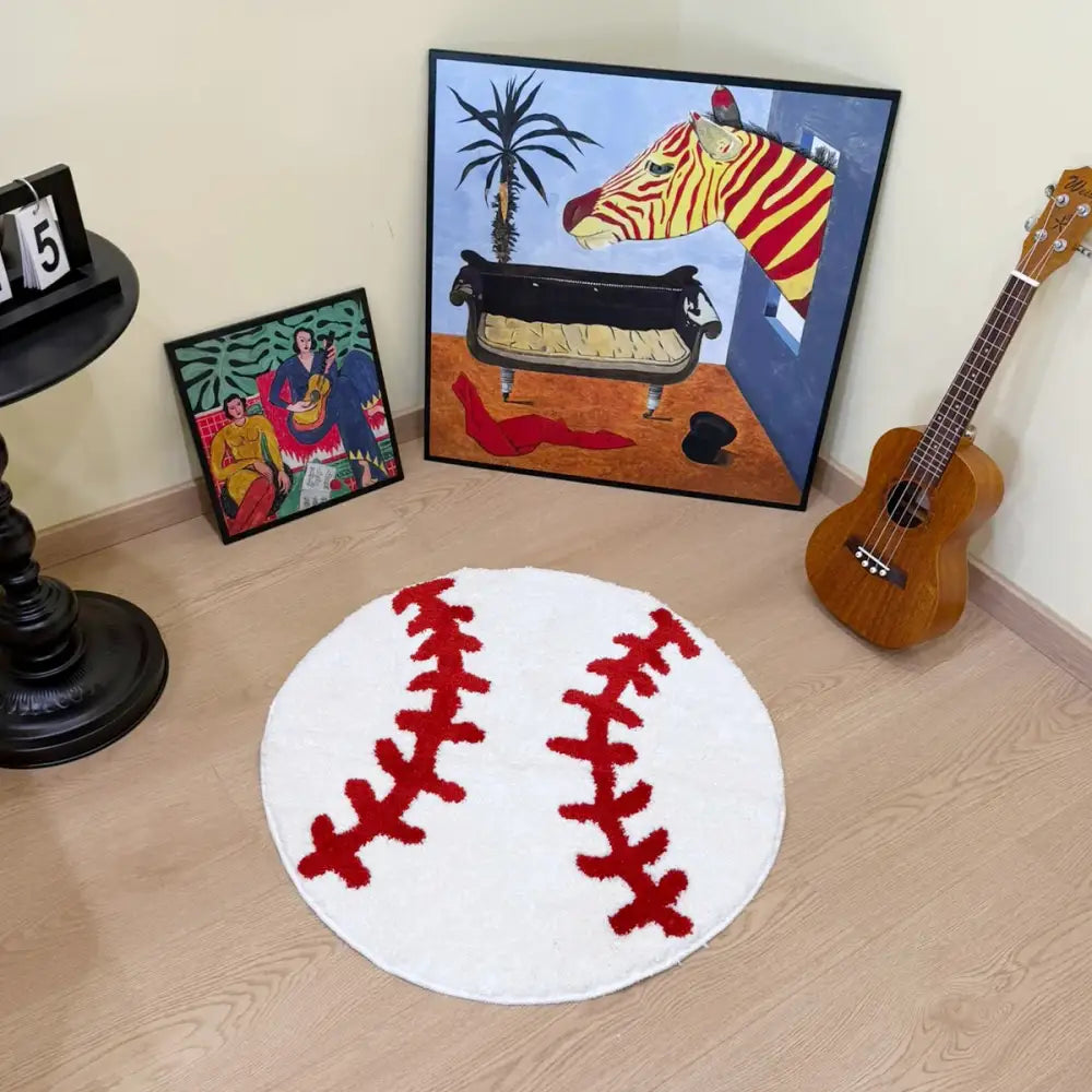 Tapis à thème baseball blanc avec une couture rouge, probablement fabriqué en fibres synthétiques.