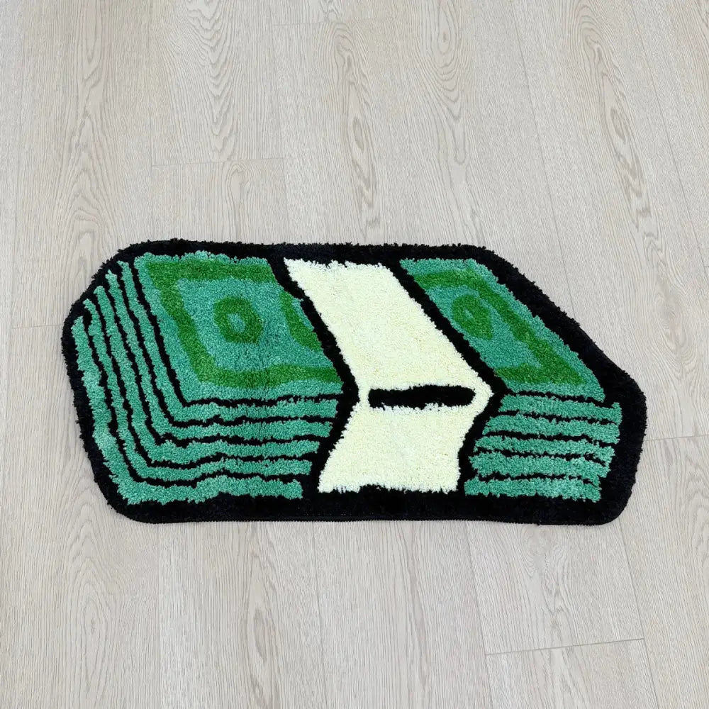 Tapis de bain en billet de dollar vert avec rayures blanches et bordure noire, fabriqué en matériau moelleux.
