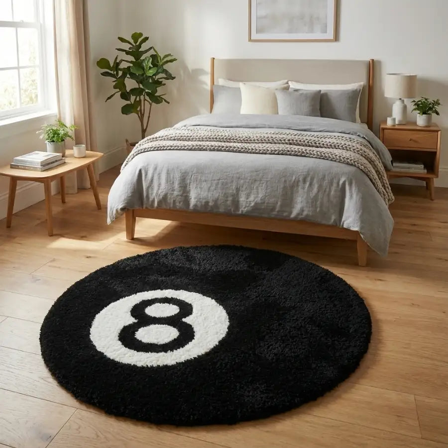 Tapis rond à thème boule 8 avec design noir et blanc, matériau moelleux.