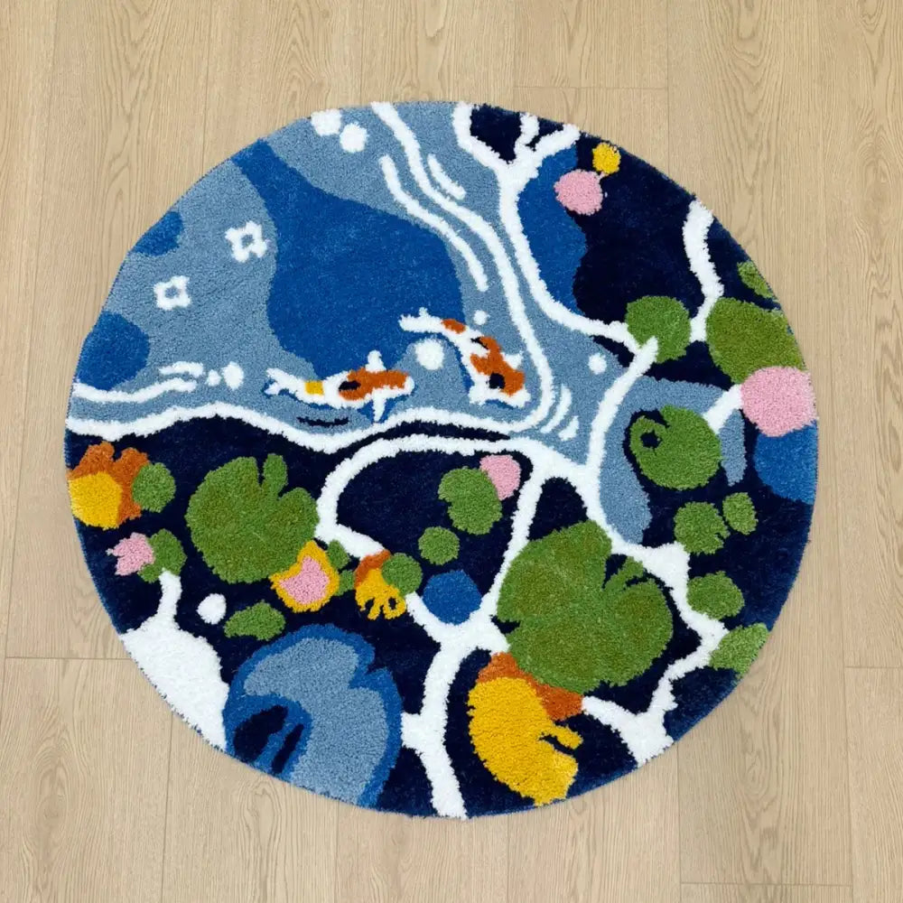 Circular tapis carpe koi plush rug with vibrant blue green koi fish lily pads and stylized waterways design