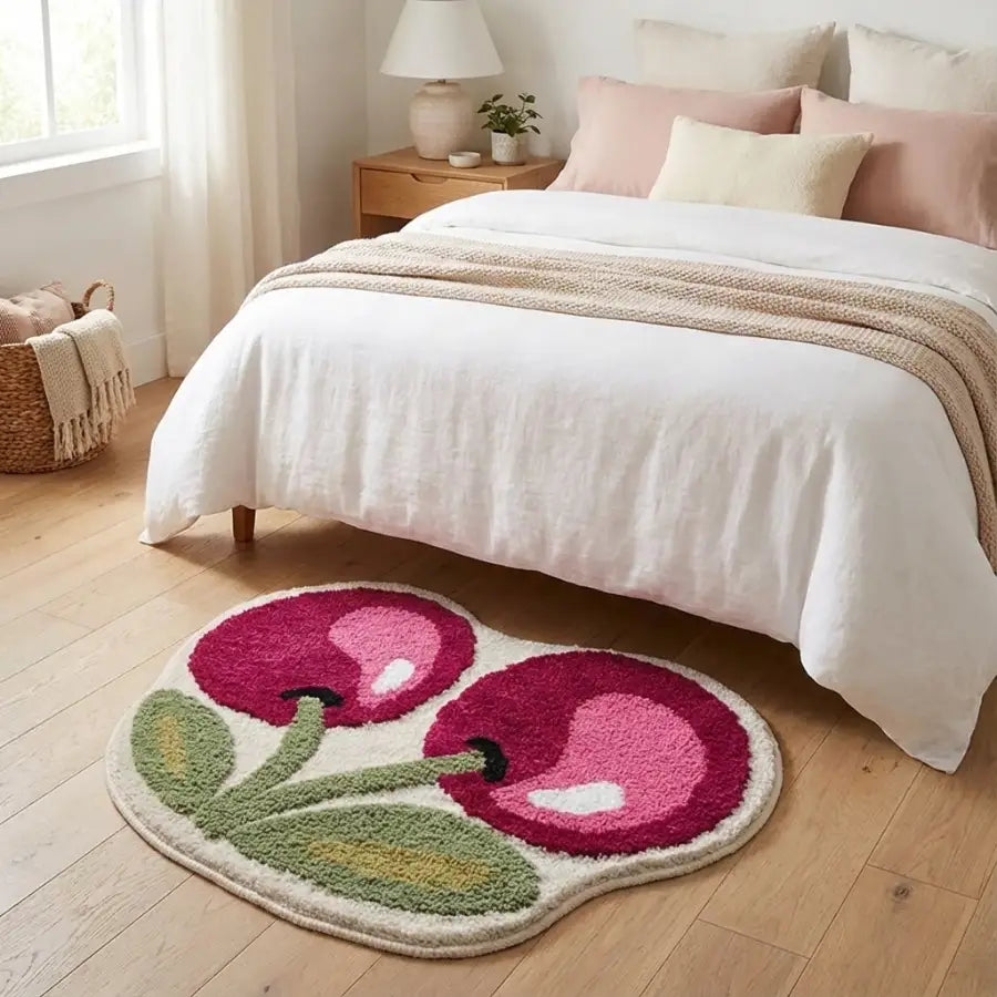 Tapis floral avec accents rose et vert, matériau moelleux, design moderne.