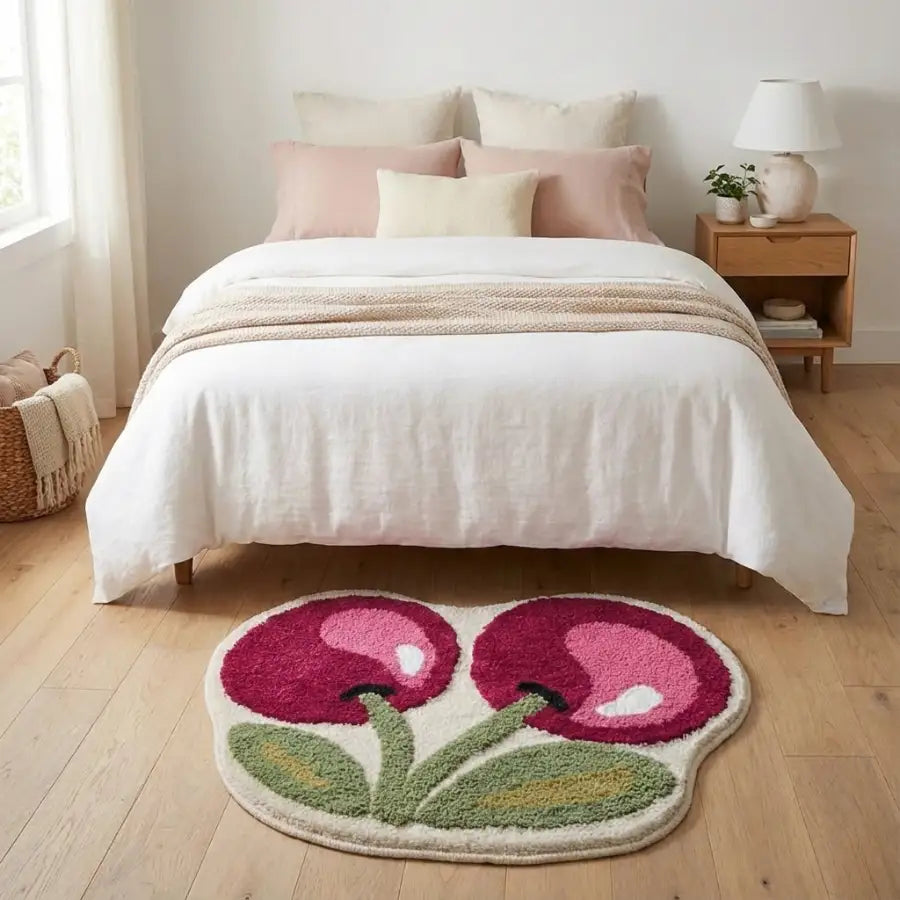 Tapis en forme de cerise avec des cerises roses vives et des feuilles vertes sur un fond crème, fabriqué en matériau moelleux.