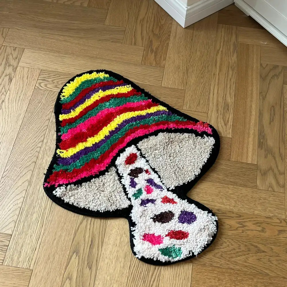 Tapis de bain champignon arc-en-ciel avec tige à pois, matériau moelleux.