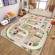 Tapis de jeu thématique ville en gris et vert avec routes, bâtiments, voitures, arbres et animaux.