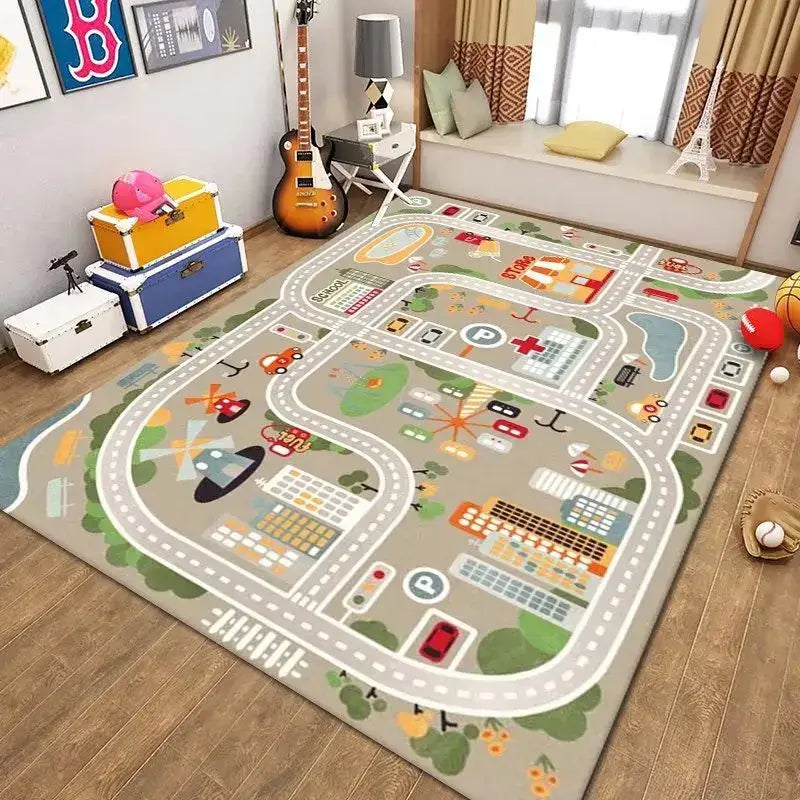 Tapis de jeu thématique ville en gris et vert avec routes, bâtiments, voitures, arbres et animaux.