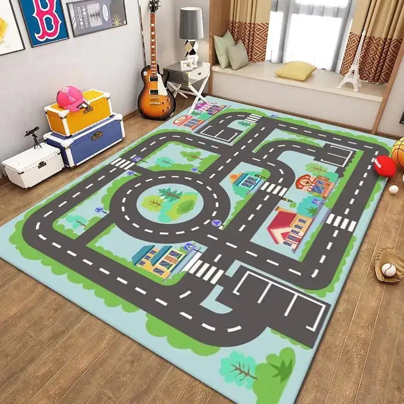 Tapis de jeu à thème urbain avec routes et bâtiments, bordure verte, design en asphalte gris, maisons colorées, arbres, parking, matériau doux pour le confort.