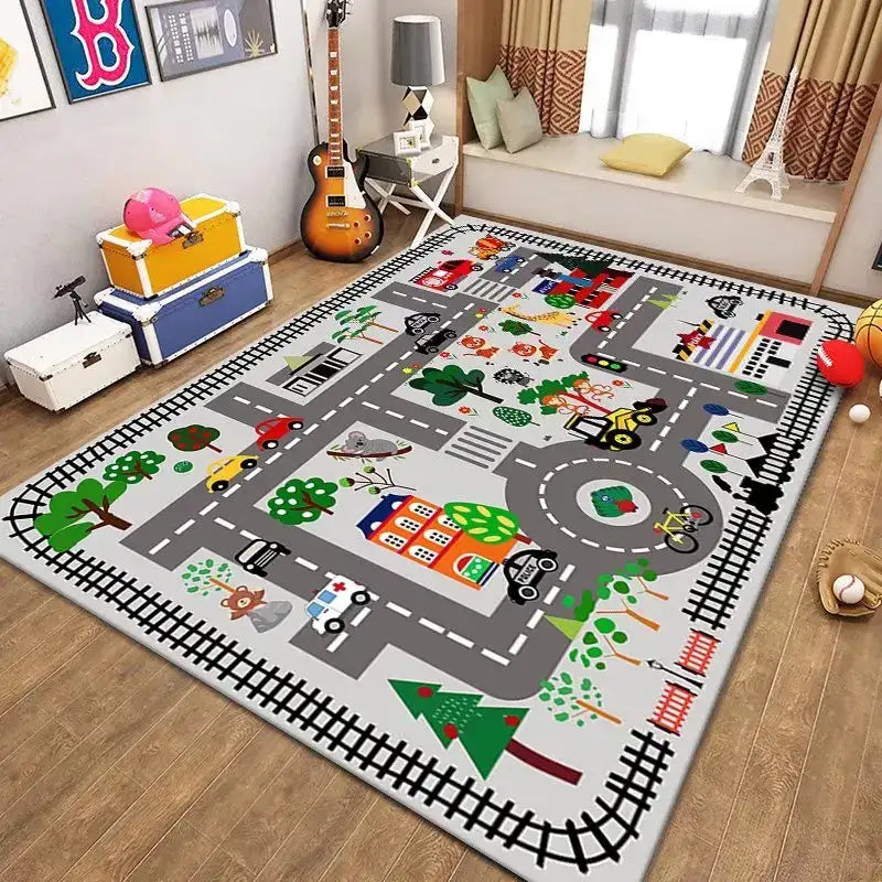 Tapis de jeu à thème urbain avec véhicules colorés et bâtiments, fabriqué en tissu résistant.