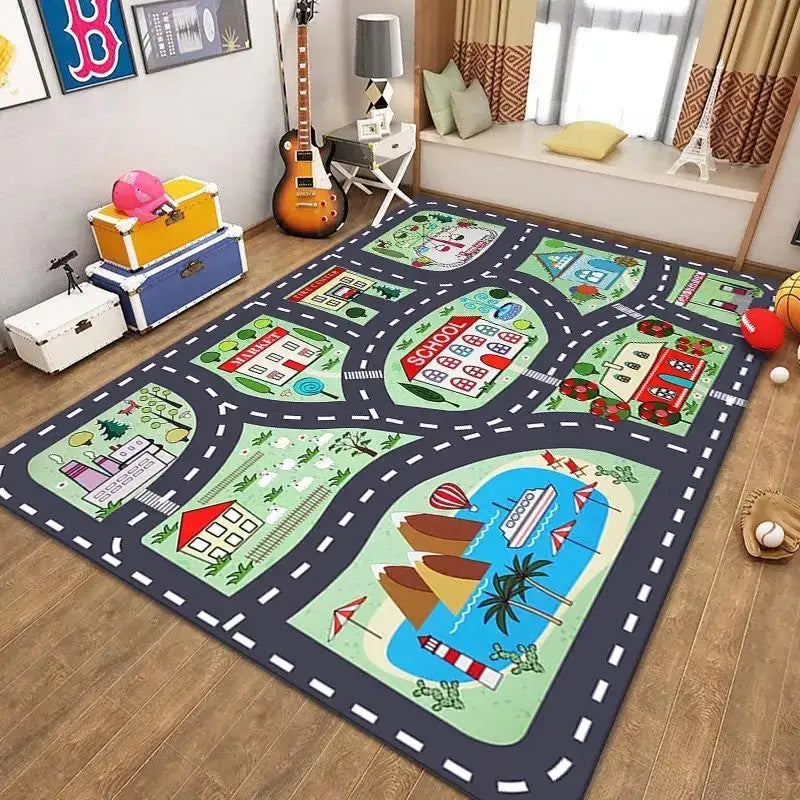 Tapis de jeu pour enfants de 20x31 pouces avec motifs de route et de maison colorés, fabriqué en matériau nylon durable.