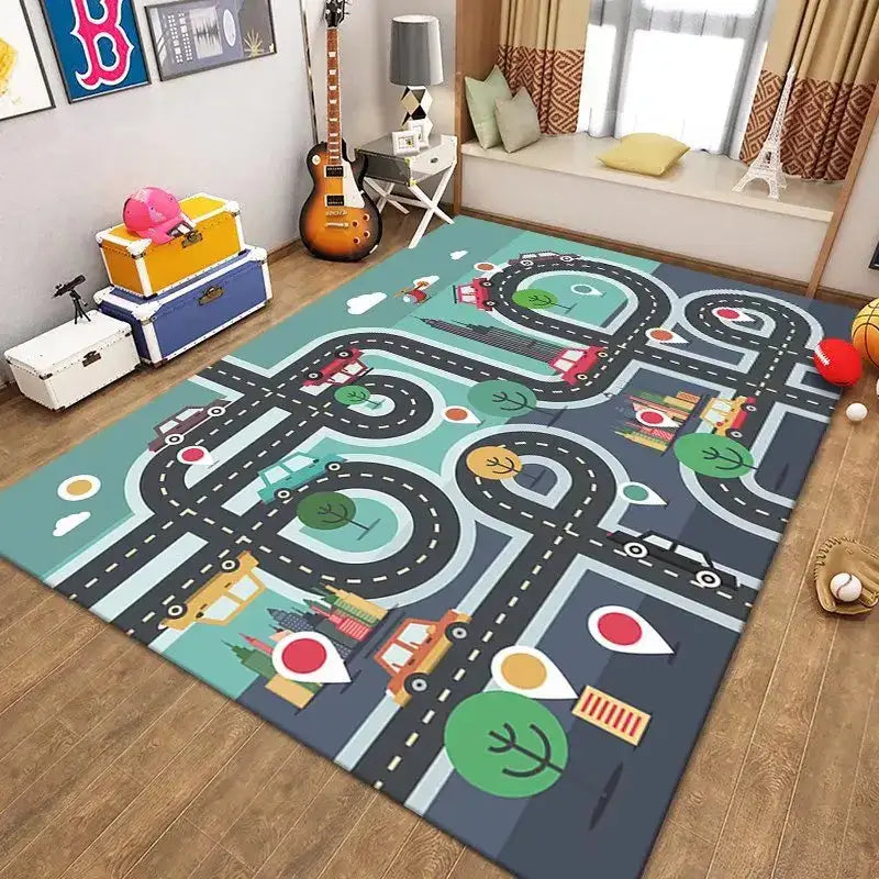 Tapis de route pour enfants de 20x31 pouces avec des voitures colorées et des arbres, fabriqué en nylon durable.