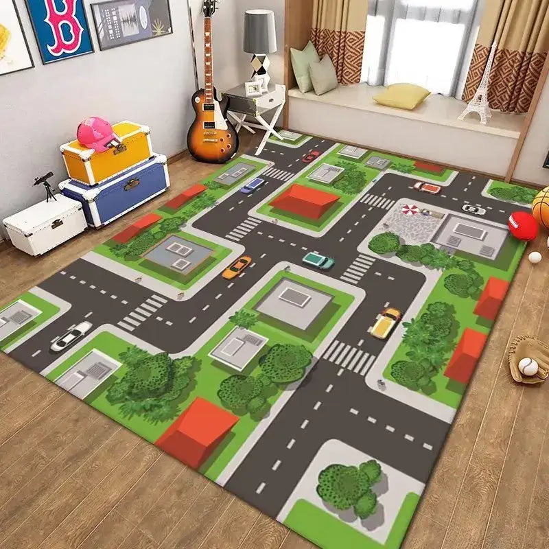 Tapis de jeu à thème ville avec routes colorées et bâtiments, fabriqué en tissu durable.