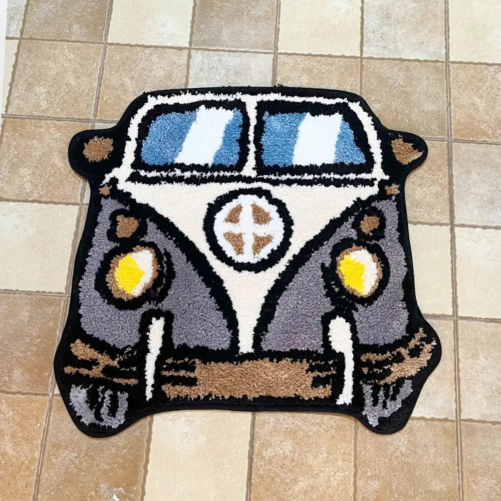Tapis de bus Volkswagen avec rayures bleues et blanches, phares jaunes, accents marron.