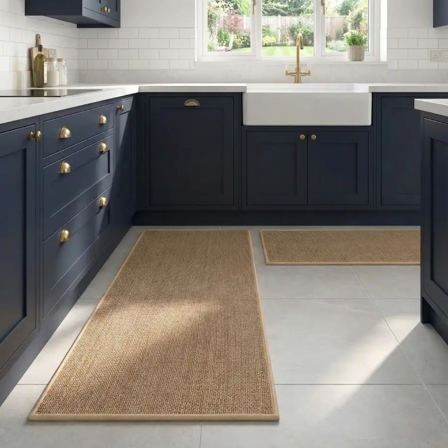 Tapis de couloir en fibres naturelles à texture tissée, orné de tons terreux et de bords dorés.