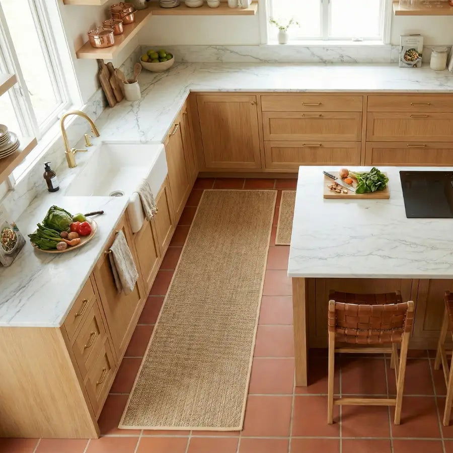 Île de cuisine en marbre blanc avec plaque de cuisson intégrée et tabourets de bar tressés.