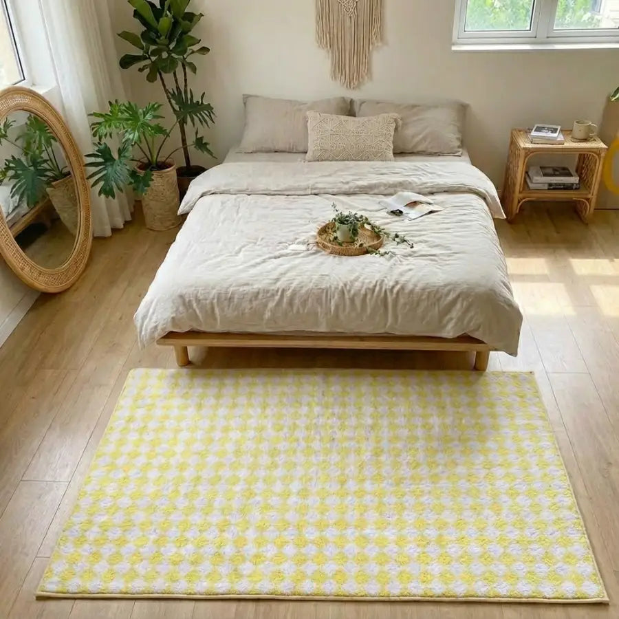 Tapis à carreaux jaune et blanc avec une surface texturée, probablement fait de laine ou de fibres synthétiques.