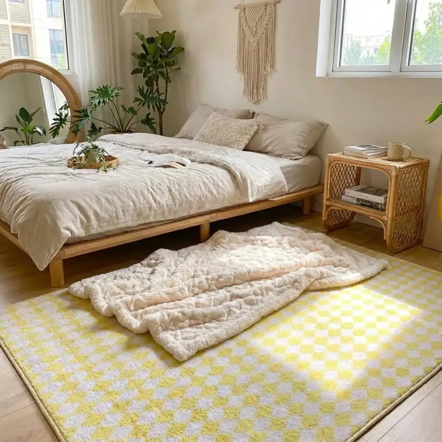 Tapis à motif géométrique jaune et blanc avec une pile texturée, probablement fabriqué en laine ou en fibres synthétiques.