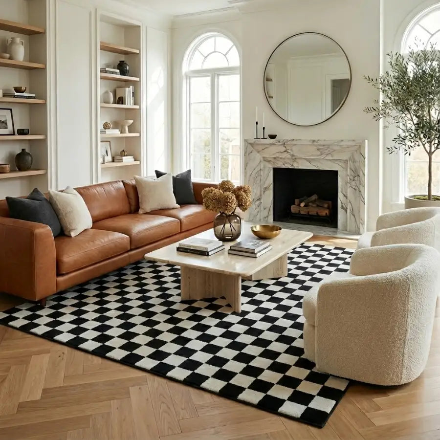 Tapis à carreaux noir et blanc avec motif géométrique, design moderne.