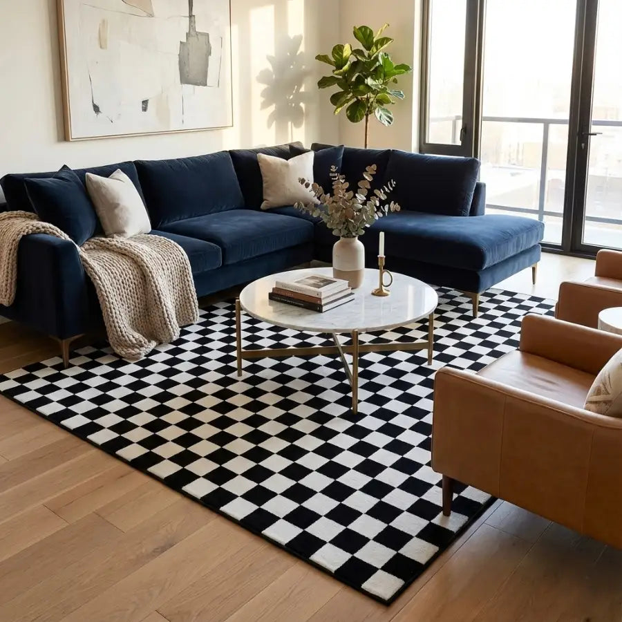 Tapis à carreaux noir et blanc avec motif géométrique, texture moelleuse.