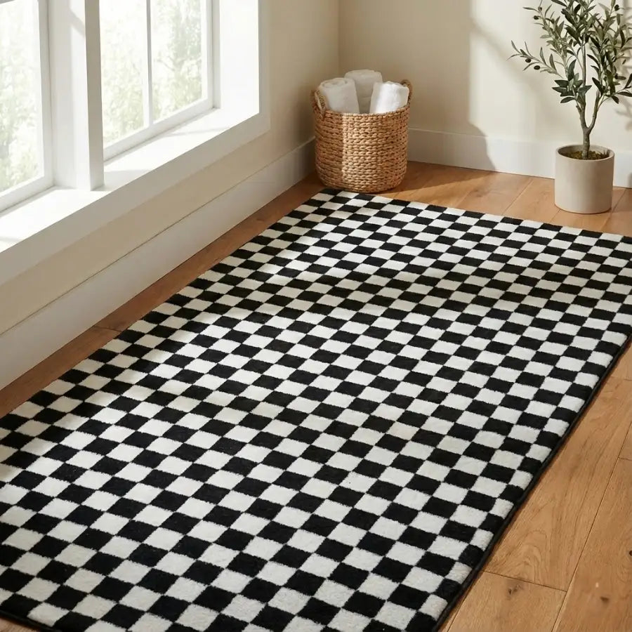 Tapis à carreaux noir et blanc avec une texture tissée.