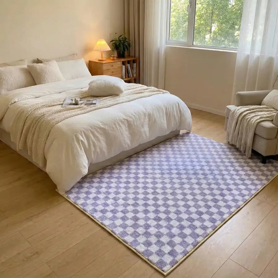 Tapis à motif géométrique lavande et blanc avec une texture douce et moelleuse.