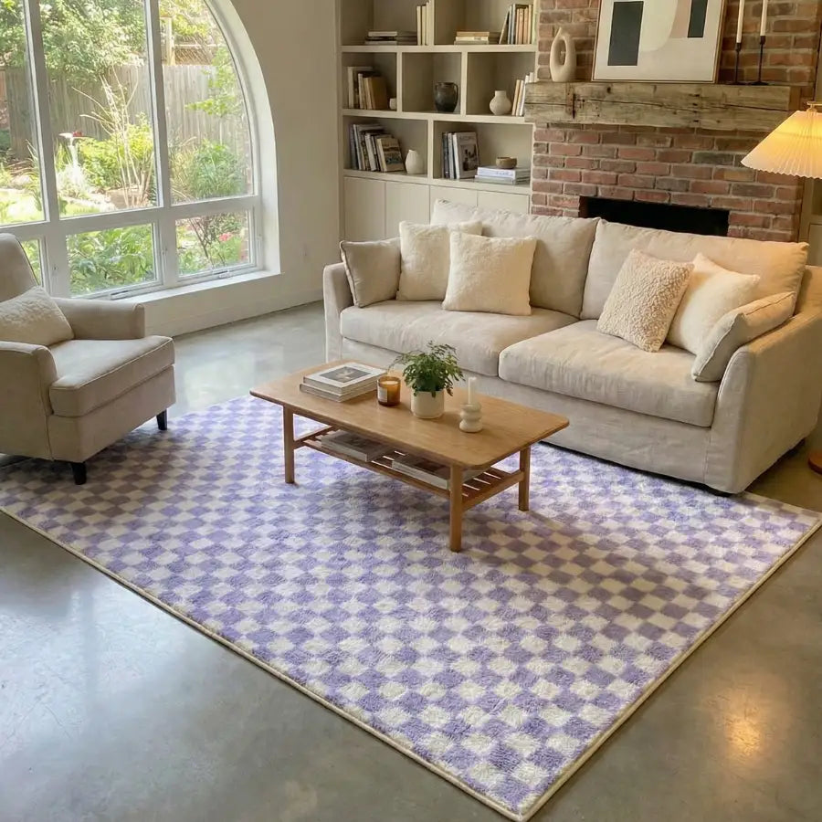 Tapis à motif géométrique lavande et blanc avec une texture douce et moelleuse.