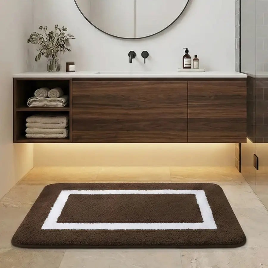 Tapis de bain rectangulaire marron avec bordure blanche et surface texturée, probablement fabriqué en microfibre ou matériau similaire.