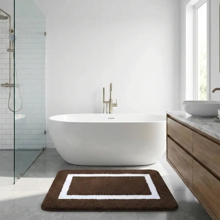 Tapis de bain rectangulaire marron avec bordure blanche et texture douce, probablement fabriqué en microfibre ou en matériau moelleux.