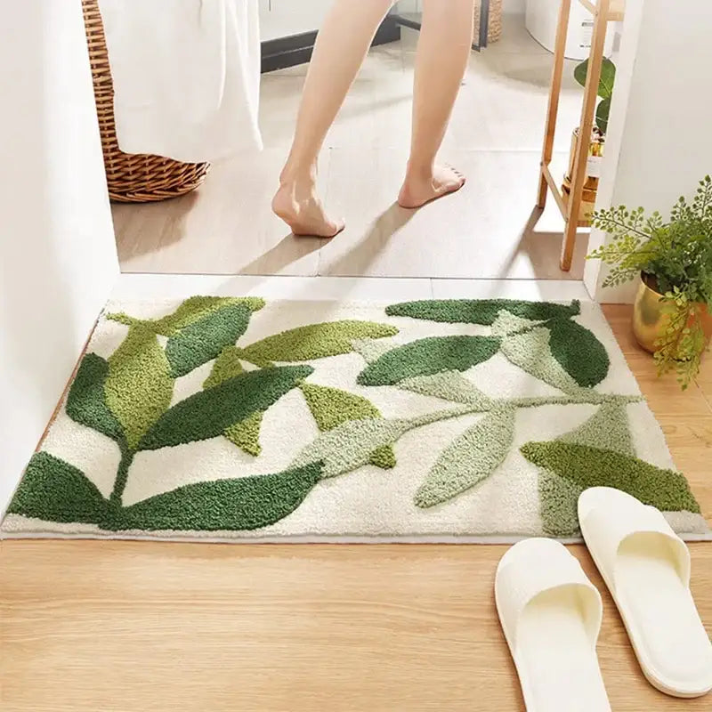 Tapis de bain feuille verte avec design texturé, fabriqué en matériau microfibre.