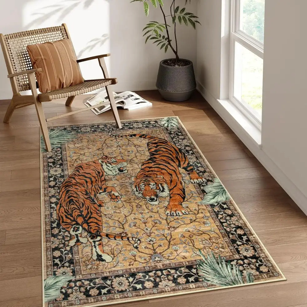 Tapis de tigre avec un design complexe et des rayures orange vives et noires sur un fond beige.